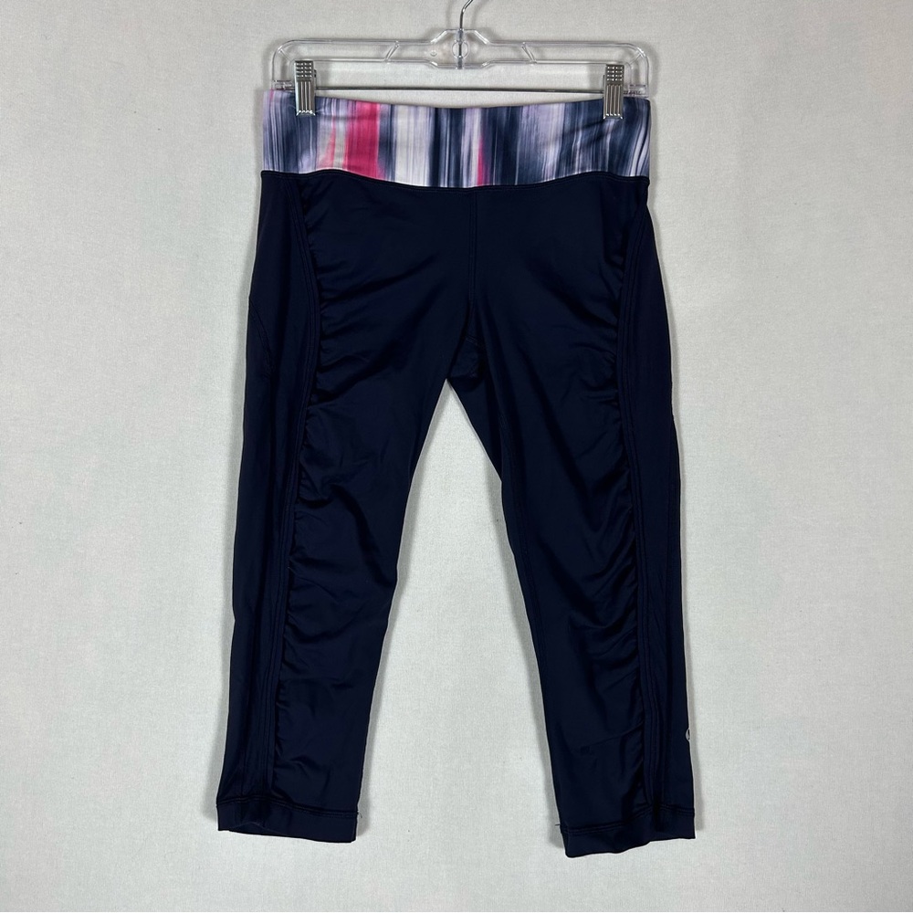 Lululemon Run Fast Free Ruffle Crop Leggings Womens 6 Navy Blue Pink Drawstring